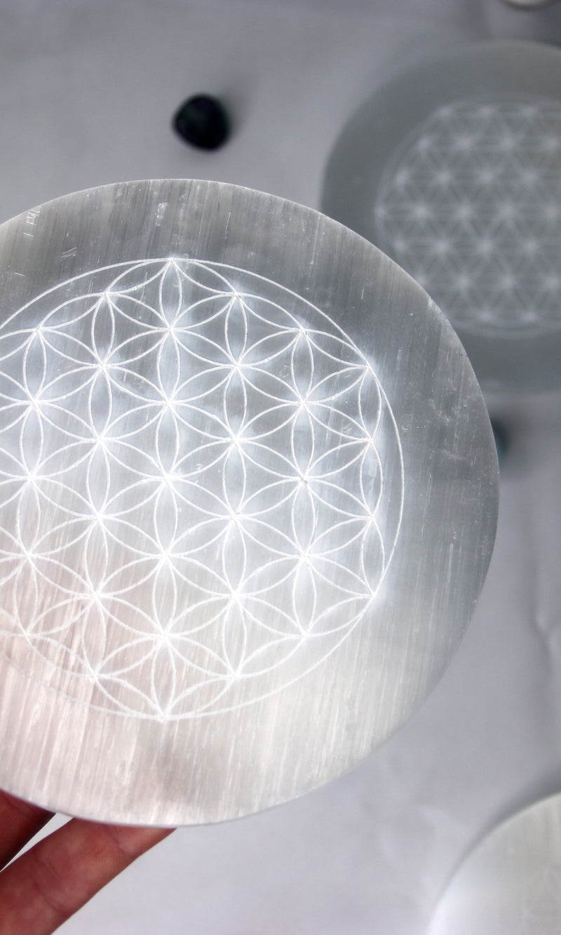 Selenite Charging Plates with Flower of Life Design